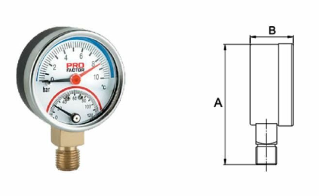 Термоманометр PROFACTOR d53 мм, радиальный 1/4" 10 bar; 0-120*C, PF SG 870-10 - фотография № 2