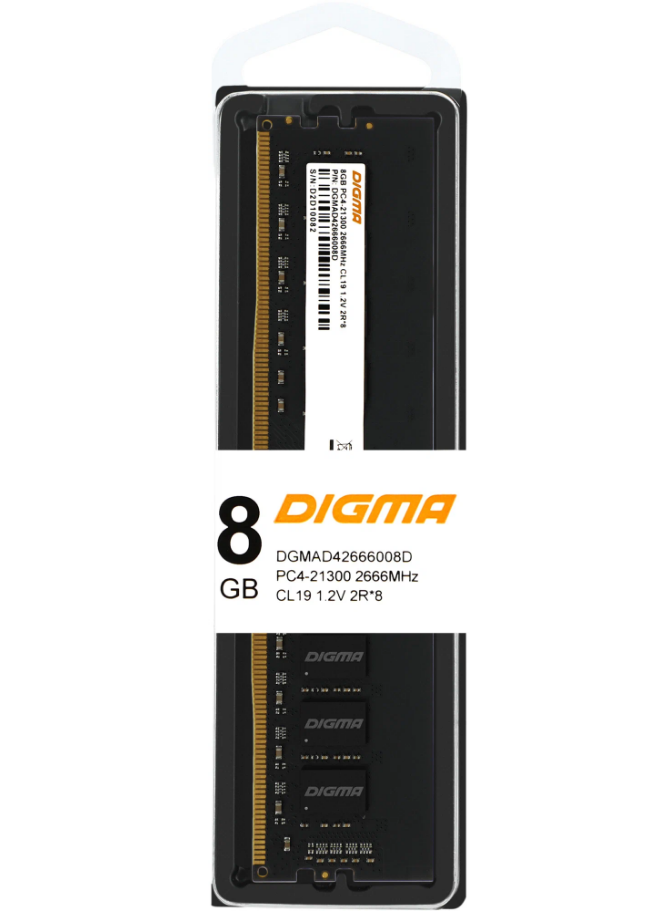 DDR4 8Gb 2666MHz Digma DGMAD42666008D RTL PC4-21300 CL19 DIMM 288-pin 12В dual rank RTL