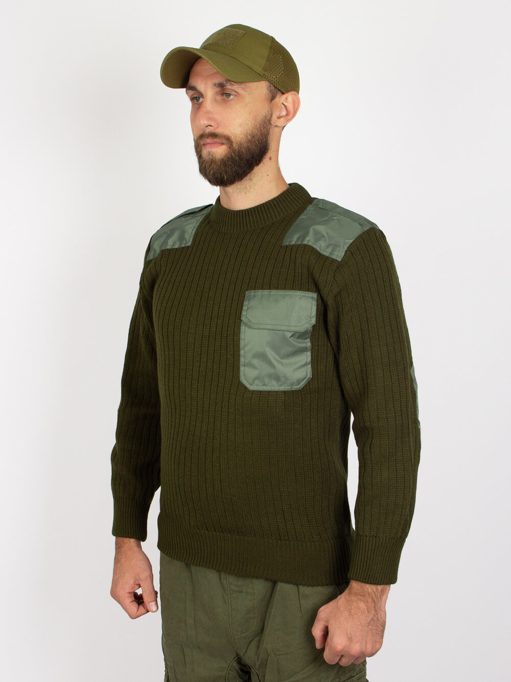 фото Свитер (джемпер) форменный с накладками цвет оливковый
