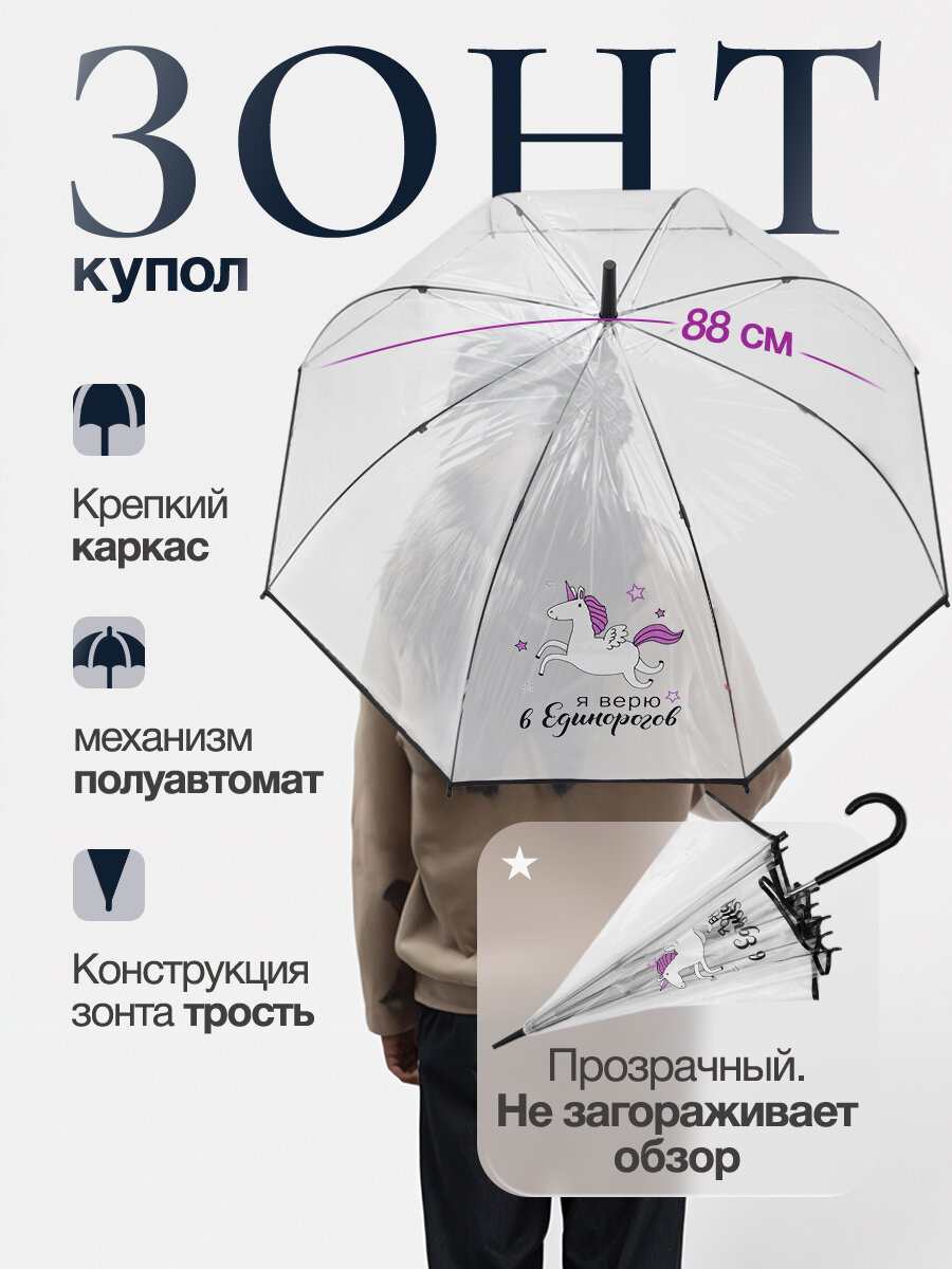 Зонт женский купол "Я верю в единорогов", 8 спиц, d = 88 см, прозрачный