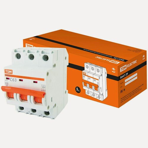 Изображение товара Автоматический выключатель TDM Electric, ВА47-29, 3 полюса, 63, 4.5 кА, С, SQ0206-0115