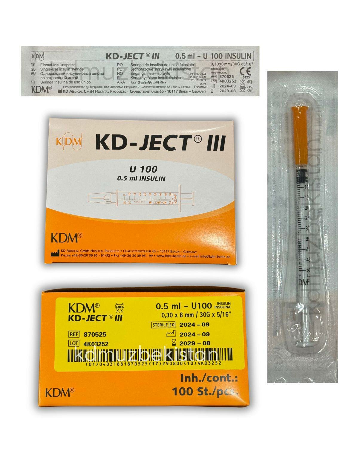 Шприц инсулиновый KDM KD-JECT III 0.5 мл, U100, 0.30x8mm, 30G, 5/16 — фото 1