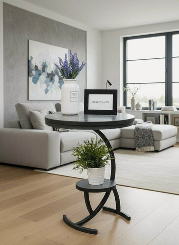 Изображение товара Интерьерный столик круглый для гостиной, в офис, прихожую, спальню, в гостиницу, с железной черной ножкой, черный мрамор