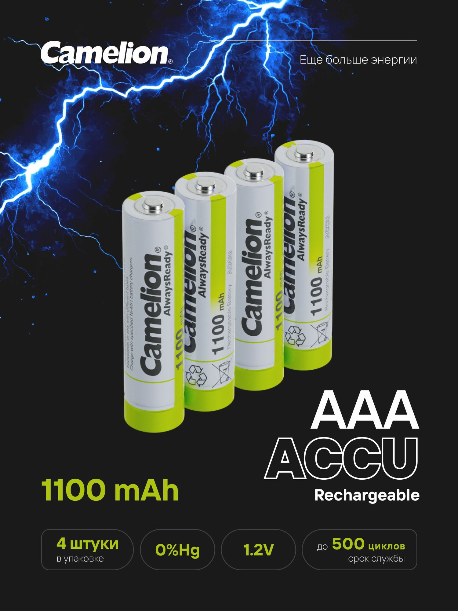 Аккумуляторные батарейки Camelion AAA, NiMH, предзаряженные, комплект 4 шт