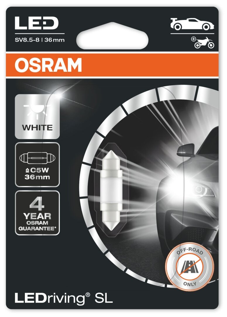 Лампа автомобильная Osram Cool White LEDriving SL C5W 12V-LED (SV8,5) 6000K 0,6W, 3 пок. бл.1шт, 6418DWP-01B