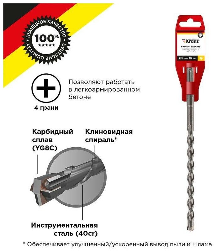 Бур по бетону 10х210мм крестовая пластина SDS PLUS Kranz KR-91-0810 - фотография № 4