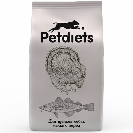 Корм сухой "Petdiets" (Петдаетс) для щенков средних и мелких пород собак, индейка, 8кг, содержание мяса 45,8%