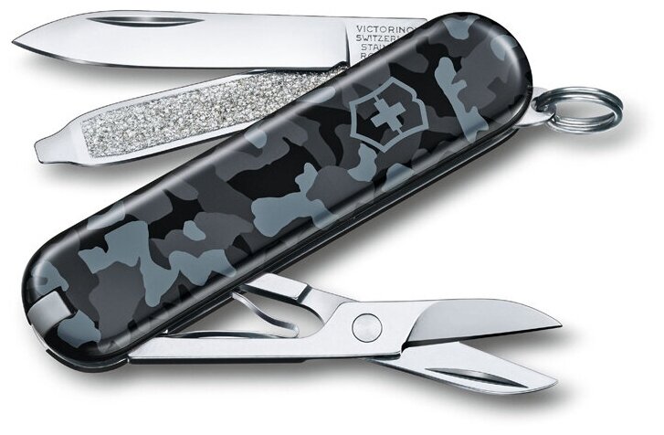 Нож-брелок VICTORINOX Classic SD Navy Camouflage, 58 мм, 7 функций, чехол из искуственной кожи, серо-синий камуфляж 0.6223.942