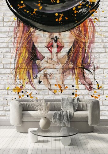 Изображение товара Фотообои "Девушка в шляпе на фоне кирпичной стены" 200х260 см.