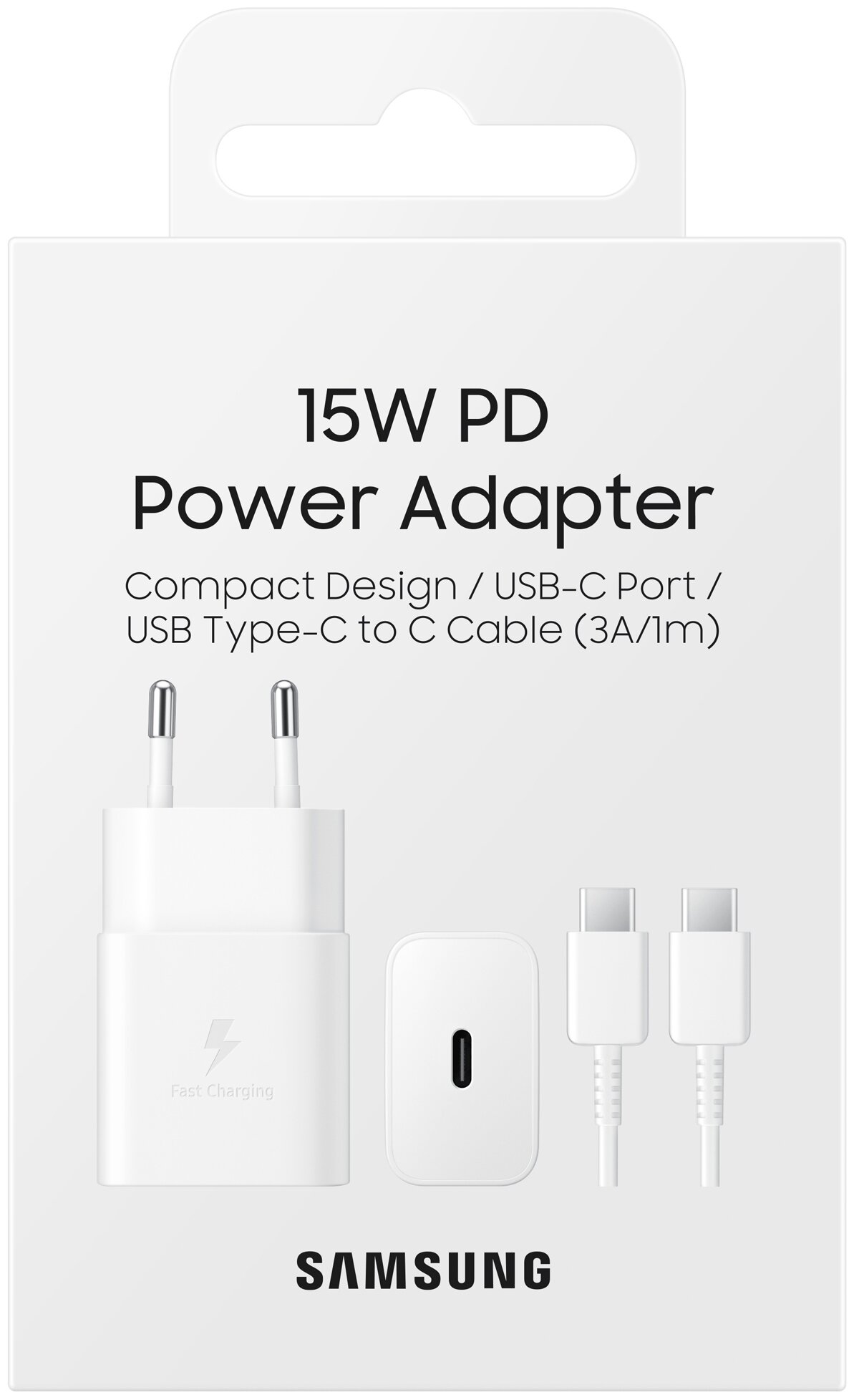 Сетевое зарядное устройство Samsung EP-T1510, USB-C, 15 Вт, с функцией быстрой зарядки, кабель USB-C, белый