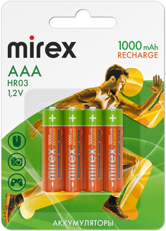 Аккумуляторы Ni-Mh 1000 мА·ч 1.2 В Mirex Rechargeable AAA (мизинчиковые), в упаковке 4 шт.