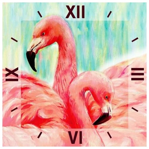 фото Алмазная мозаика грациозные фламинго - алмазные часы, color kit 30x30 см.