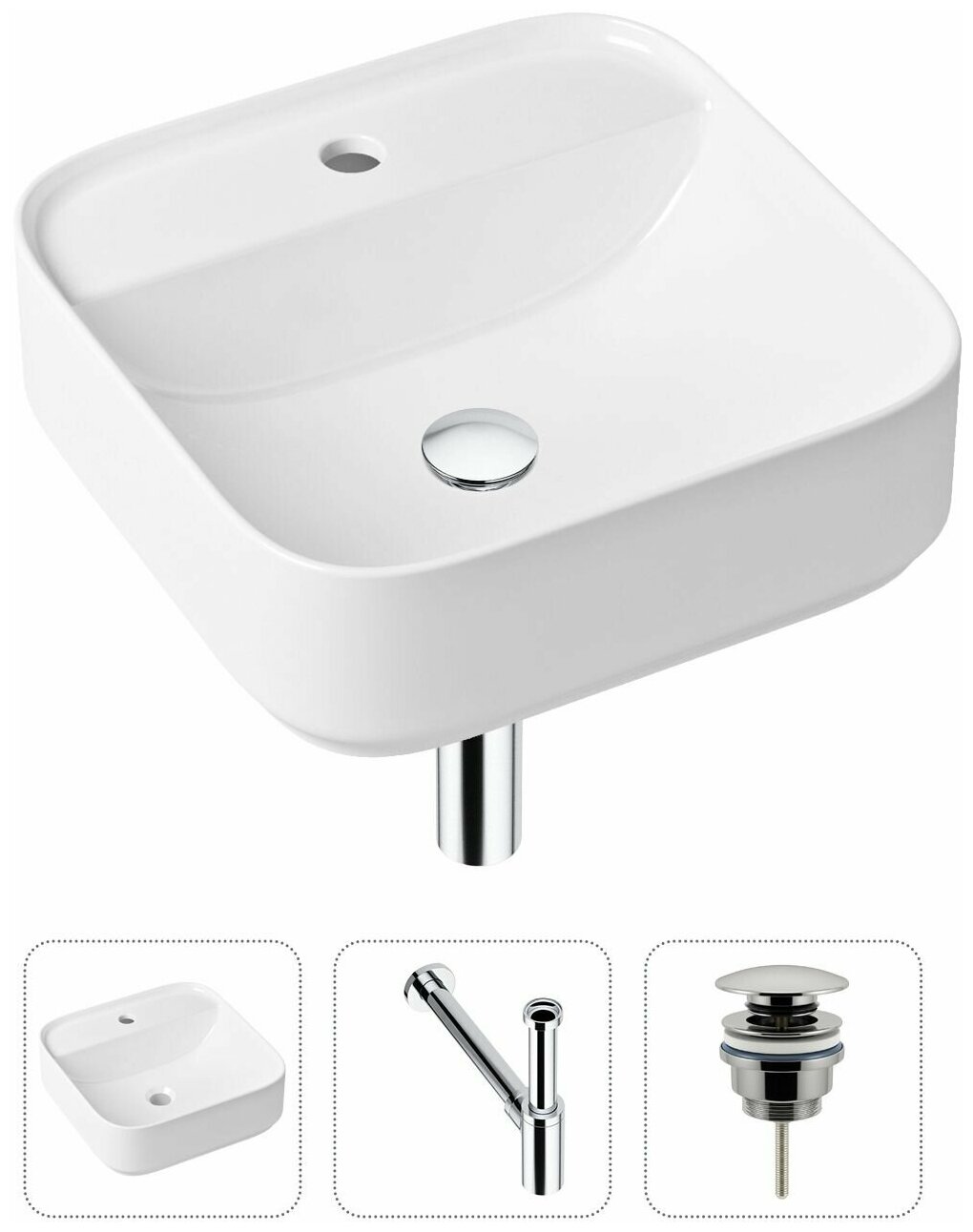 Комплект 3 в 1 Lavinia Boho Bathroom Sink 21520276: накладная фарфоровая раковина 42 см, металлический сифон, донный клапан