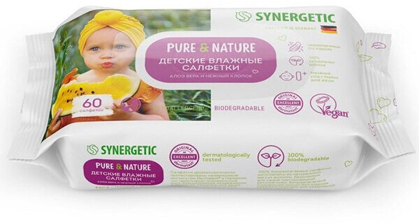 Набор из 3 штук Влажные салфетки SYNERGETIC Pure&Nature 60шт для детей алоэ вера и нежный хлопок