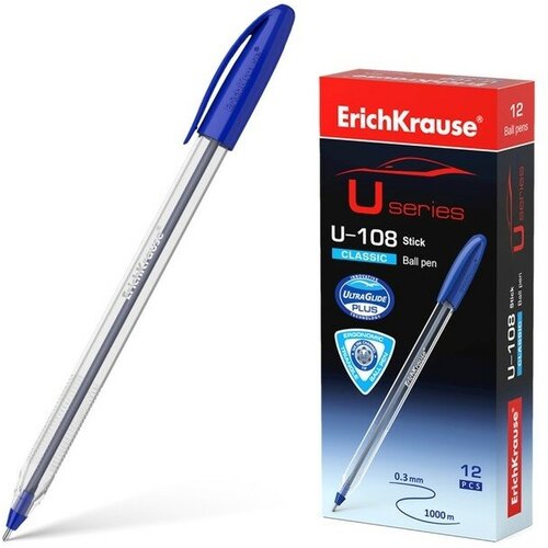 Ручка шариковая ErichKrause U-108 Classic Stick, узел 1.0 мм, чернила синие(12 шт.) 5 шт ручек шариковых неавтоматических erichkrause u 108 stick black edition синие чернила д ш 1 0 мм т л 0 3 мм