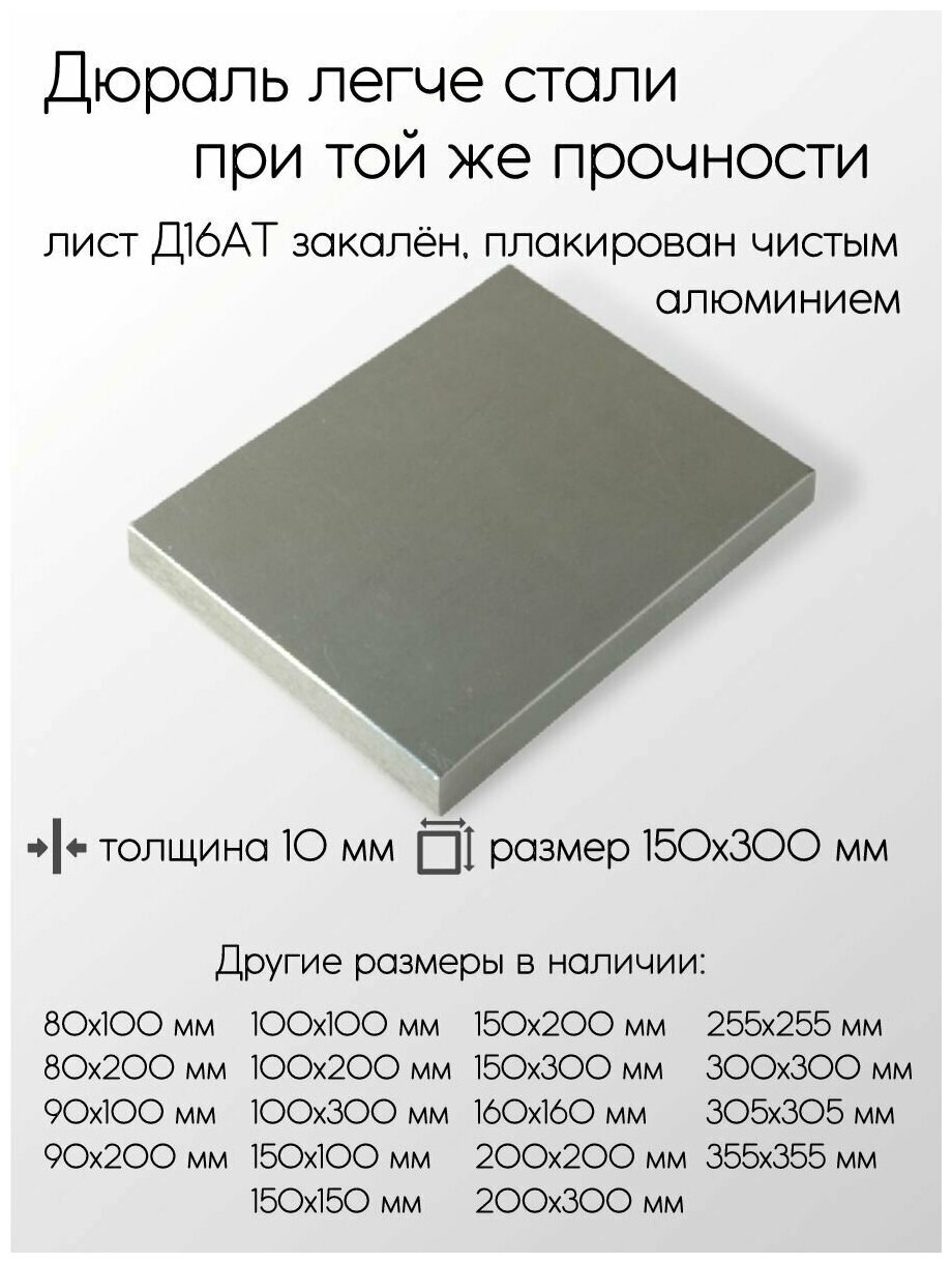 Алюминий дюраль Д16АТ лист толщина 10 мм 10x150x300 мм