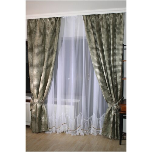 Комплект штор для комнаты Вернисаж (зеленый), жаккард, высота 250 см, по ленте регулируется до 2,8 м