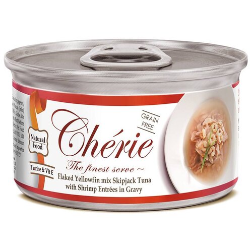 Влажный корм для кошек Pettric Cherie Signature Gravy, смесь хлопьев желтоперого и полосатого тунца с креветками в подливе, 80 г х 24 шт