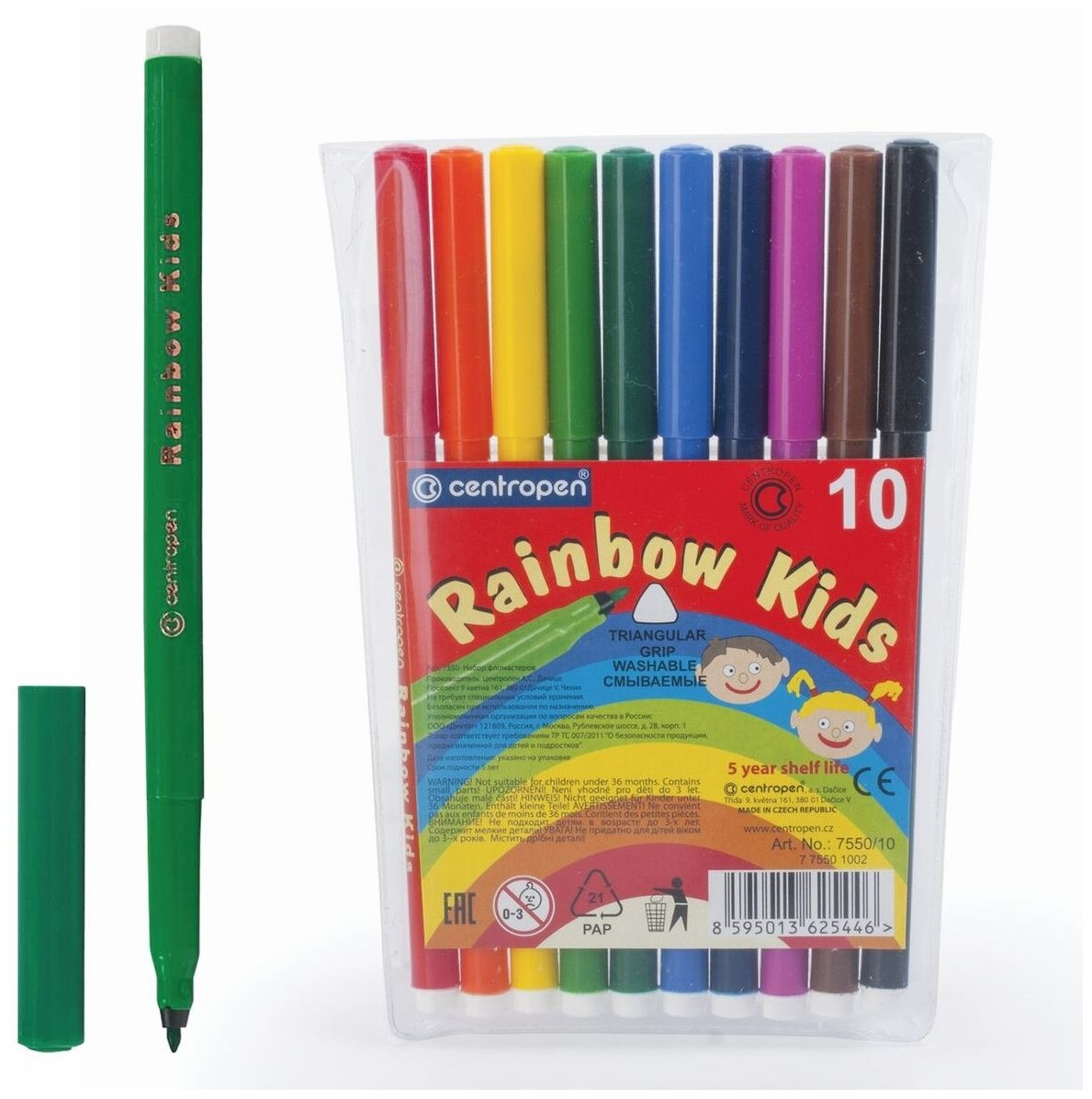 Фломастеры Centropen "Rainbow Kids", 10 цветов, смываемые, эргономичные, вентилируемый колпачок (7550/10)