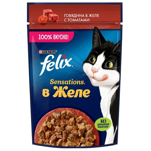 Felix Sensations влажный корм для взрослых кошек, с говядиной в желе с томатами (26шт в уп) 75 гр