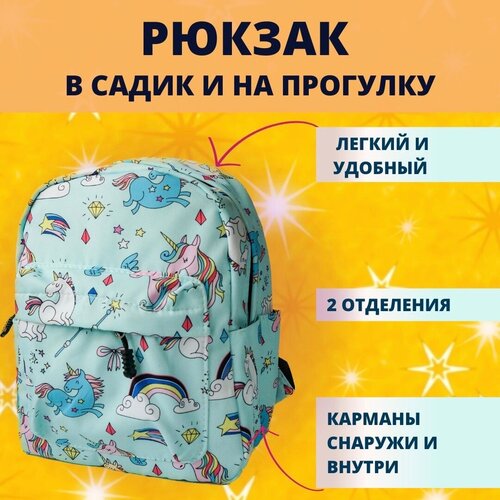 Рюкзак дошкольный для девочки голубой детский LALOBI с единорогом в садик и на прогулку