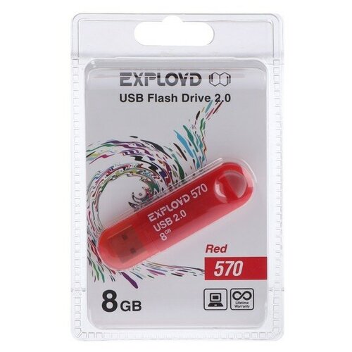 Флешка Exployd 570, 8 Гб, USB2.0, чт до 15 Мб/с, зап до 8 Мб/с, красная флешка exployd 570 32gb black