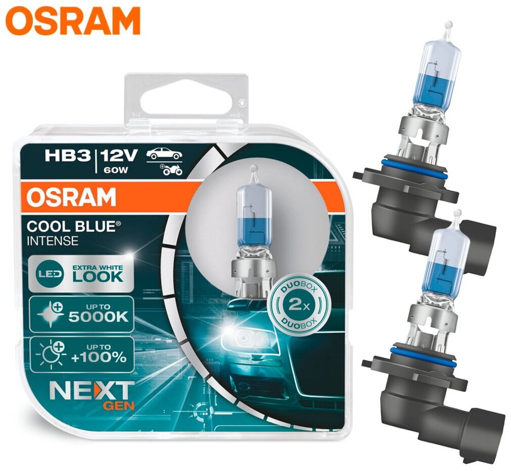 Автомобильные галогенные лампы Osram HB3 (P20d) COOL BLUE INTENSE Next Gen, 5000К, +100% света (2 шт.) 9005CBN-HCB