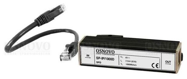 Устройство грозозащиты OSNOVO SP-IP/1000D для локальной вычислительной сети скорость до 1000 Мб/сек 1 вход RJ45-мама/1 выход RJ45-мама