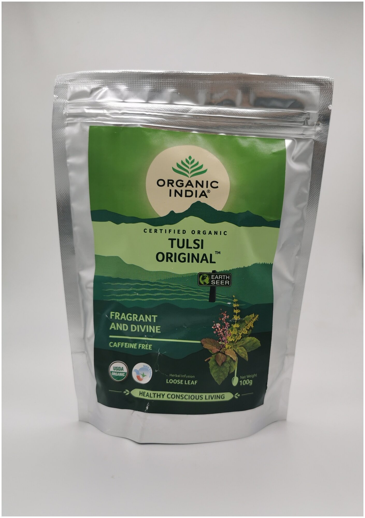 Индийский чайный напиток травяной, т.м. ORGANIC INDIA, Тулси натуральный (Базилик) листовой в зип-пакетах по 100гр. - фотография № 5