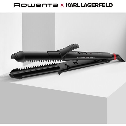 Мультистайлер 3 в 1 Rowenta Karl Lagerfeld CF451LF0, черный, время нагрева 45 секунд, регулируемая температура, вращение шнура вокруг оси мультистайлер rowenta cf451lf0 66 вт керамическое покрытие d 32 мм до 200 °c чёрный