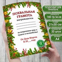 Грамота Похвальная. Письмо Деда Мороза. Новый год. Набор 20 штук. Размер 21х30 см. (формат А4)Школа или детский сад.