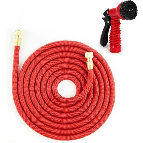 Шланг растягивающийся для полива с 10 до 50 метров с распылителем/ садовый шланг, красный