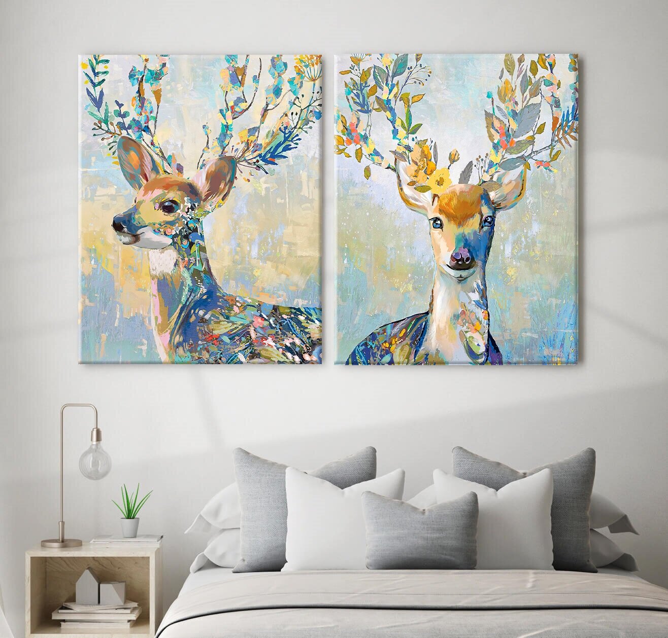 Картины на холсте 40х50 см "Животные, Олень ветвистые рога, мазки", набор картин для интерьера на стену, 2 шт на подрамнике