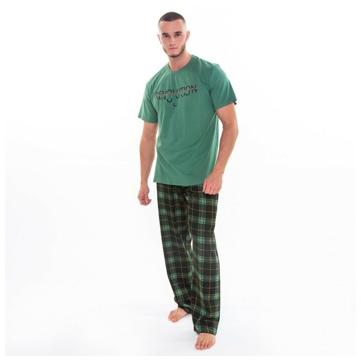 Комплект (футболка/брюки) мужской, цвет зеленый/клетка, размер 56 - фотография № 1