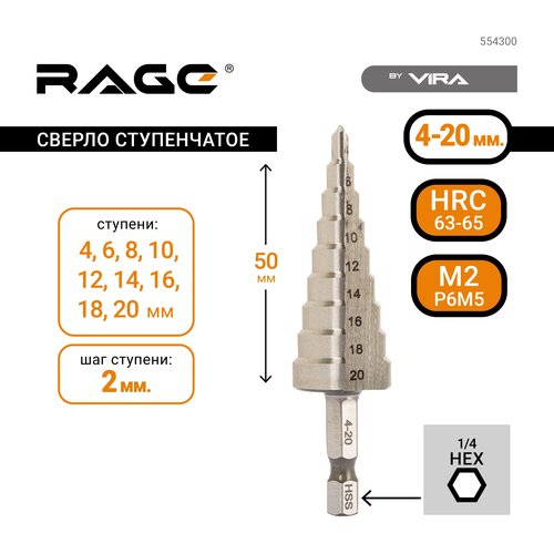 Сверло ступенчатое с шестигранным хвостовиком 4-20 мм VIRA RAGE сверло ступенчатое с трехгранным хвостовиком 4 20 мм vira