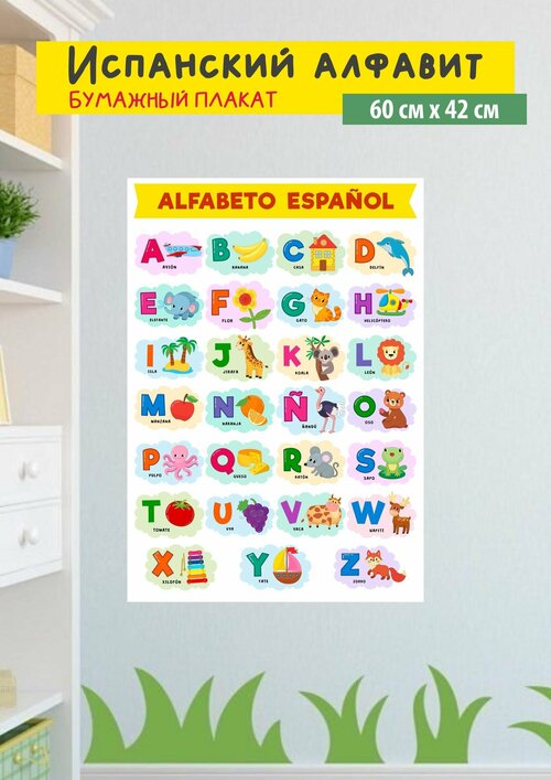 Обучающий плакат Испанский алфавит, размер 42х60 см, А2, на глянцевой фотобумаге