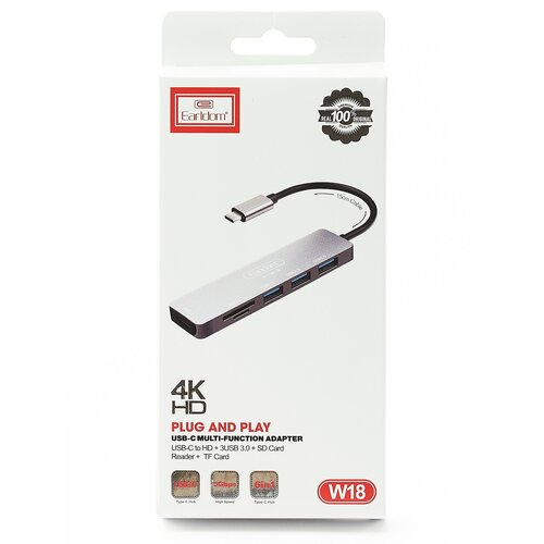 HDMI устройство Earldom ET-W18 (2USB + чтения карт SD + TF карта), серебро аксессуар earldom et w18 type c hdmi 4k micro sd sd usb