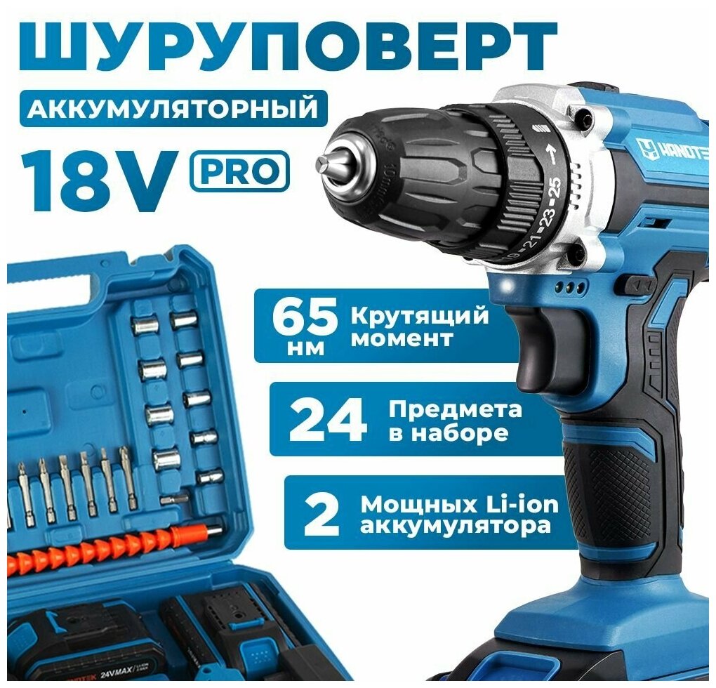 Дрель-шуруповерт аккумуляторный Handtek CD1865L2 Pro, 18В, кейс + набор оснастки, 1450 об/мин, 2 Li-ion 2 Ач, 65 Нм, 2 скорости, фонарик, реверс, з/у - фотография № 1