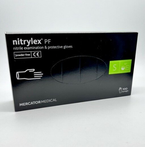 Перчатки нитриловые MERCATOR Medical Nitrylex PF, цвет: черный, размер S, 100 шт. (50 пар), 8 грамм пара нитрила