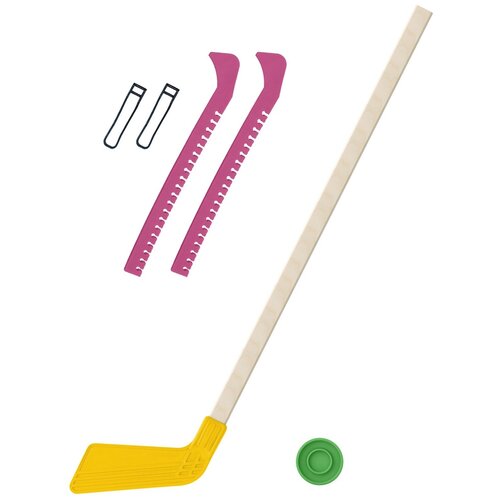 Детский хоккейный набор для игр на улице, свежем воздухе для зимы для лета Клюшка хоккейная детская жёлтая 80 см. + шайба + Чехлы для коньков розовые