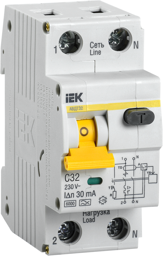Выключатель автоматический дифференциального тока 2п (1P+N) C 32А 30мА тип A 6кА АВДТ-32, IEK MAD22-5-032-C-30 (1 шт.)