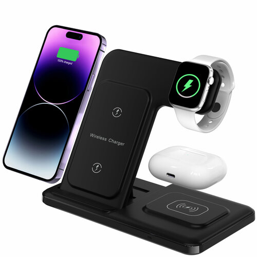 Док станция 3 в 1 для телефона IPhone, смарт часов Apple Watch и наушников AirPods беспроводное зарядное устройство с функцией быстрой зарядки(черная)