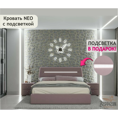 фото Кровать с подсветкой neo 160х200 zeppelin mobili подъемная из велюра лиловая, с ортопедическими ламелями, с ящиком для хранения zeppelinmobili