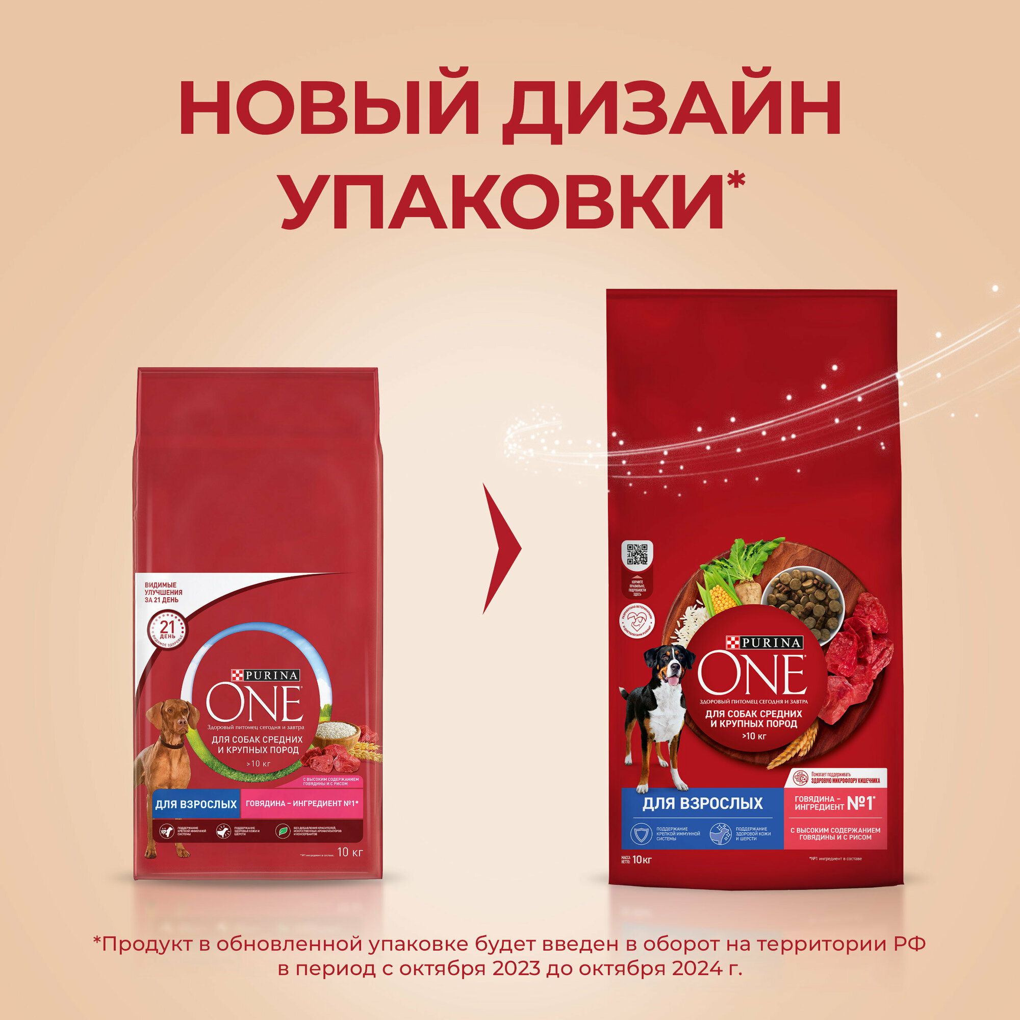 Сухой корм PURINA ONE® для взрослых собак средних и крупных пород, с говядиной и рисом, 10 кг — фото 1