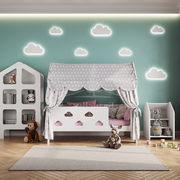 Кровать детская домик с текстилем (серый, с принцессами, вход справа) "Облачка"