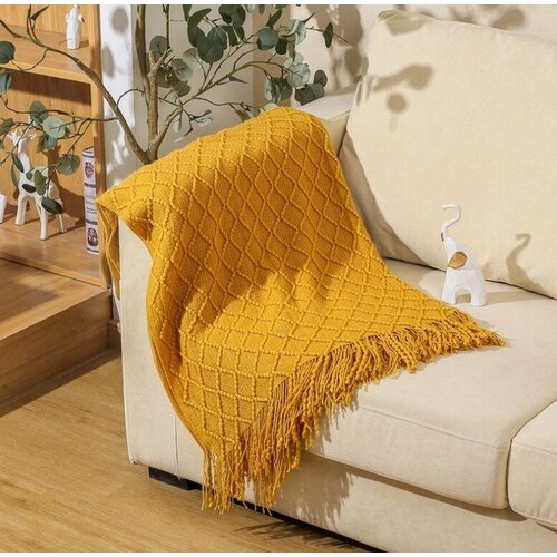 Плед покрывало декоративное Скандинавский стиль, однотонное, вязаный, DAO Home, 170х130 см, - Желтый