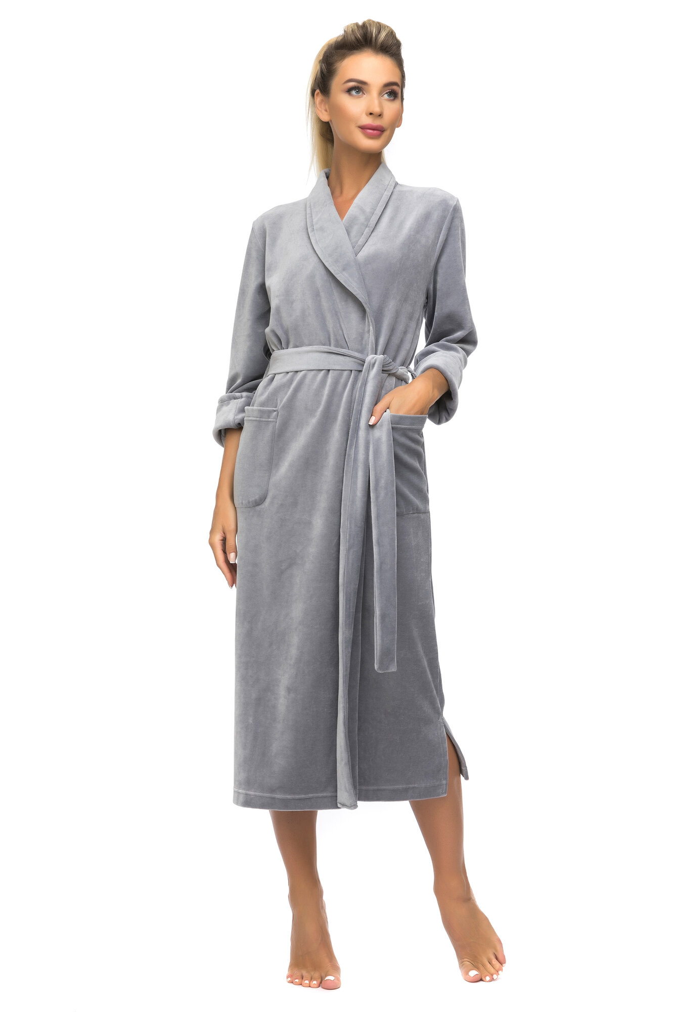 фото Удлиненный велюровый халат (E 383) размер 42-44, дымчато-синий