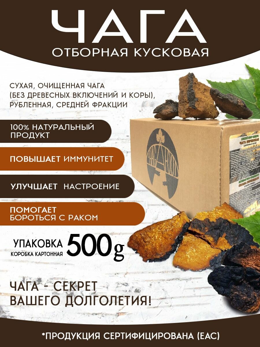 Чага березовая, отборная, кусковая, натуральная, 100%, 500 г