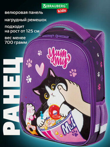 Изображение товара Рюкзак школьный для девочки, портфель для первоклассницы ортопедический, ранец детский в школу, велюр, 1 отделение, 2 кармана, Brauberg Kids Cheeks, 272093