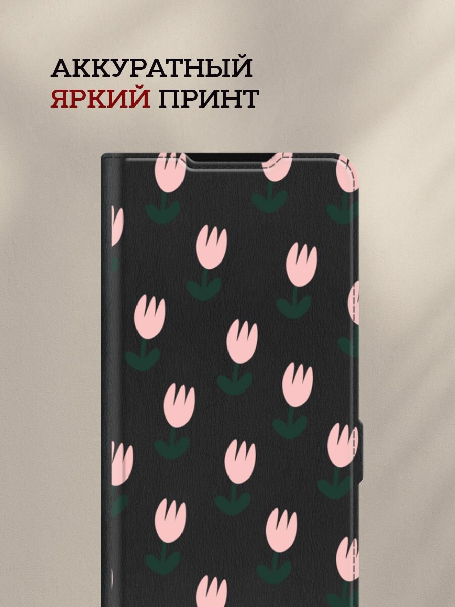 Чехол-книжка на Honor 90 Lite / Хонор 90 Лайт с принтом Тюльпатовый паттерн, черный — фото 1